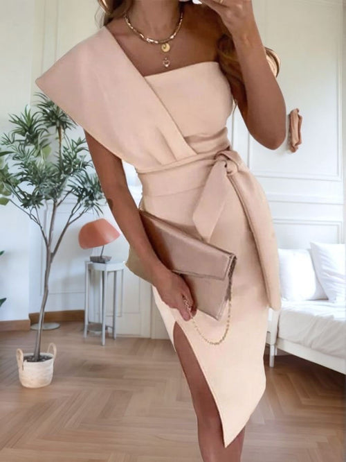 Sheath One-Shoulder Tea-Length Satin Corset Dress