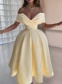 A-line Off-the-Shoulder Ruffles Tea-Length Satin Corset Dress