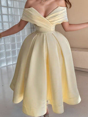 A-line Off-the-Shoulder Ruffles Tea-Length Satin Corset Dress