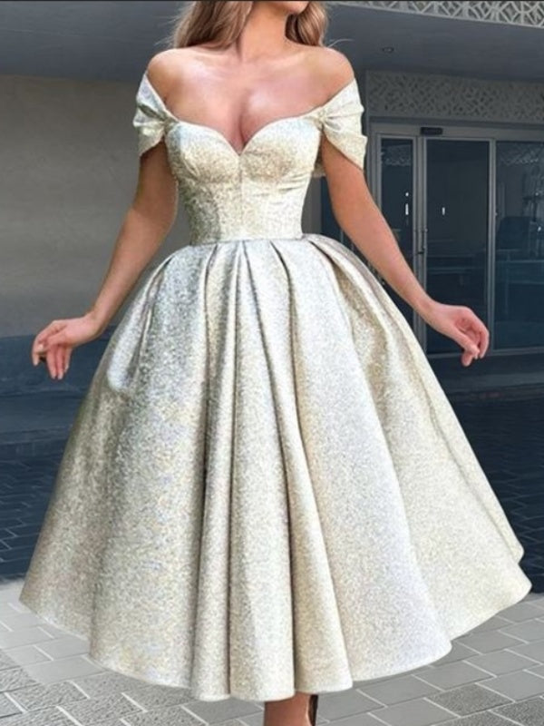 A-line Off-the-Shoulder Ruffles Tea-Length Corset Dress