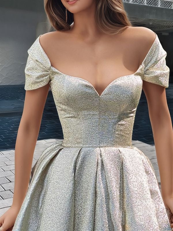A-line Off-the-Shoulder Ruffles Tea-Length Corset Dress