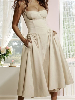 A-line Spaghetti Straps Ruffles Tea-Length Stretch Crepe Dress