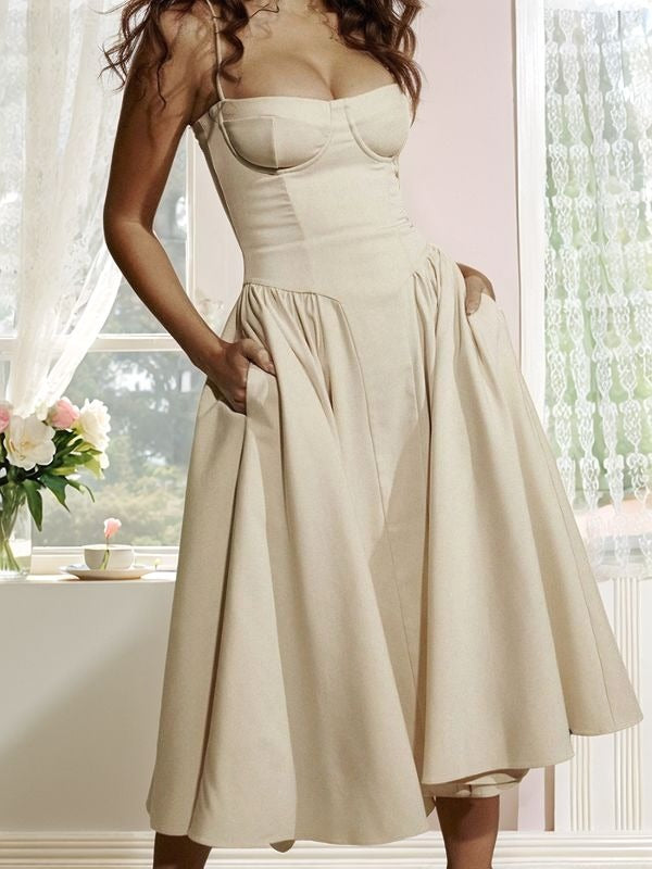 A-line Spaghetti Straps Ruffles Tea-Length Stretch Crepe Dress
