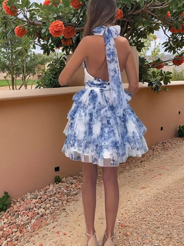 A-line Halter Cascading Ruffles Short/Mini Dress