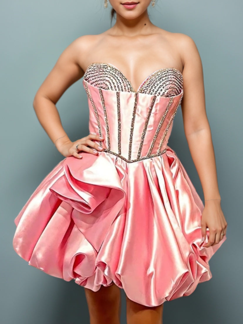 A-line Sweetheart Ruffles Short/Mini Silk Like Satin Corset Dress