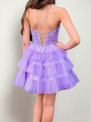 A-line Spaghetti Straps Cascading Ruffles Short/Mini Tulle Corset Dress