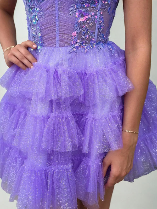 A-line Spaghetti Straps Cascading Ruffles Short/Mini Tulle Corset Dress