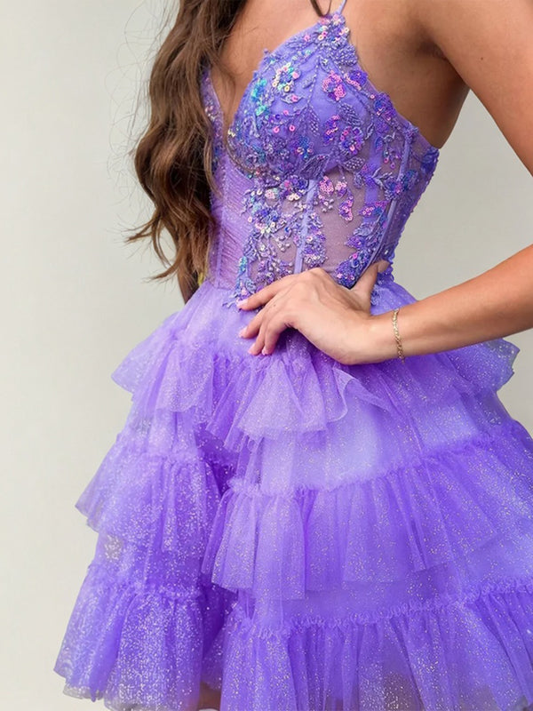 A-line Spaghetti Straps Cascading Ruffles Short/Mini Tulle Corset Dress