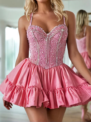 A-line Sweetheart Ruffles Short/Mini Taffeta Corset Dress