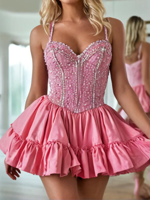 A-line Sweetheart Ruffles Short/Mini Taffeta Corset Dress