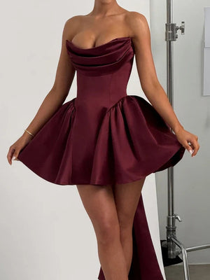 A-line Cowl Bow Short/Mini Satin Dress