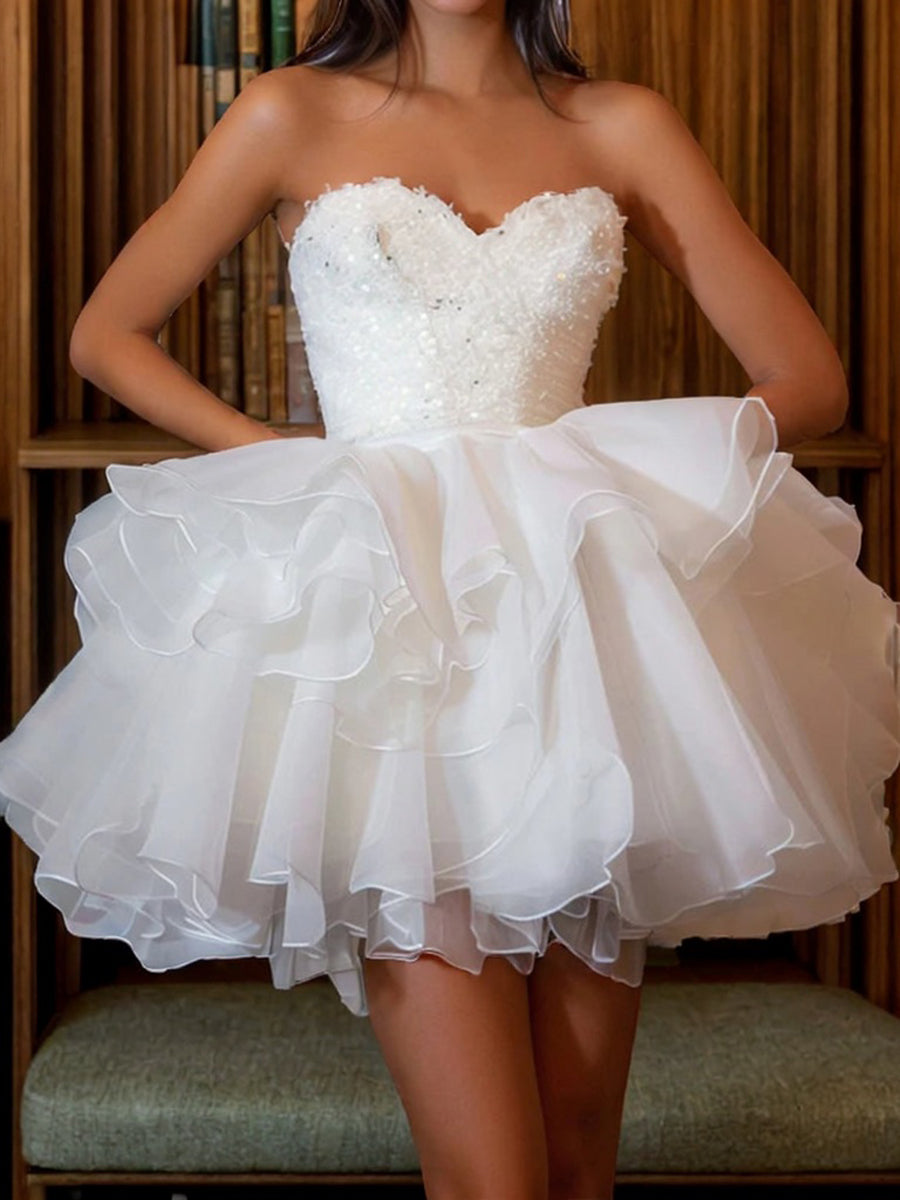 A-line Sweetheart Cascading Ruffles Short/Mini Organza Dress