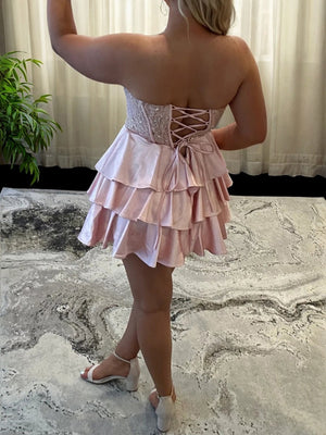 A-line Sweetheart Cascading Ruffles Short/Mini Silk Like Satin Corset Dress