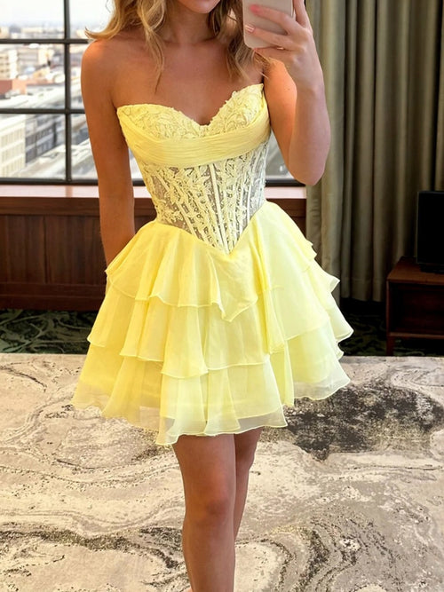 A-line Sweetheart Cascading Ruffles Short/Mini 30D Chiffon Corset Dress