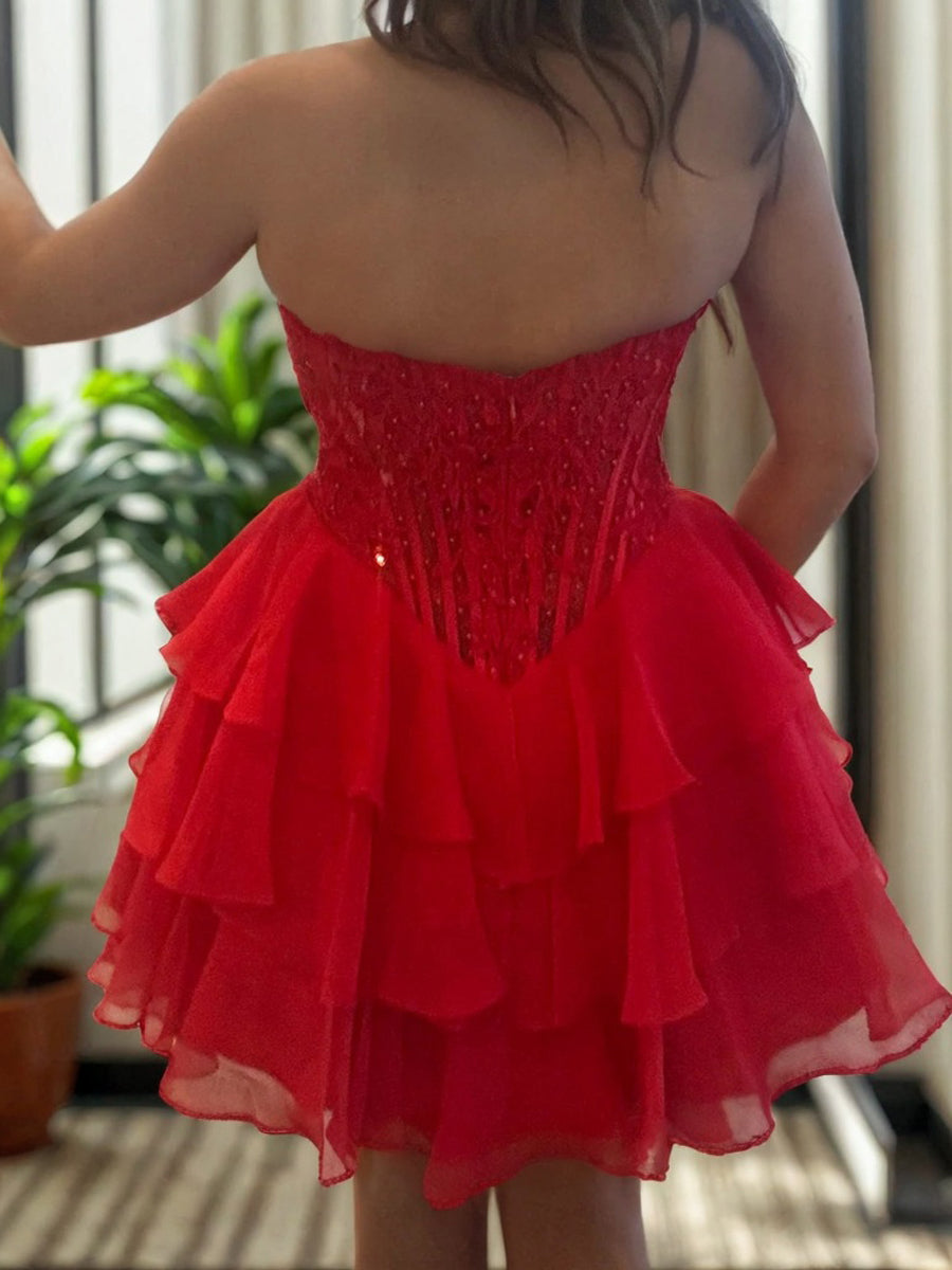 A-line Sweetheart Cascading Ruffles Short/Mini 30D Chiffon Corset Dress