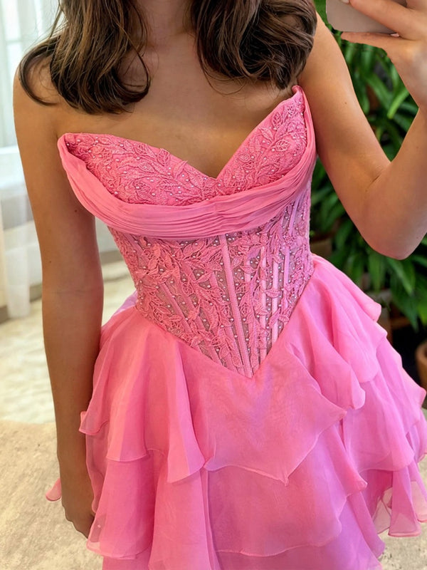 A-line Sweetheart Cascading Ruffles Short/Mini 30D Chiffon Corset Dress