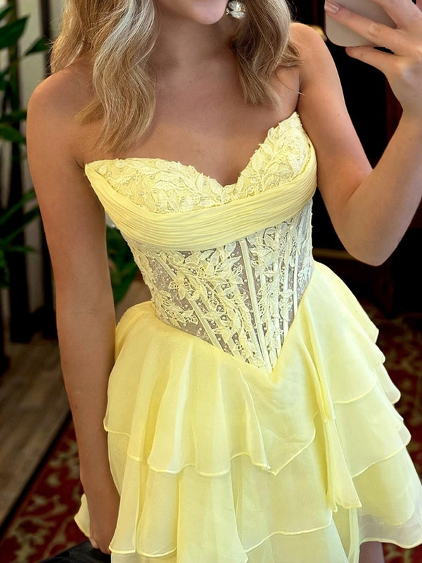 A-line Sweetheart Cascading Ruffles Short/Mini 30D Chiffon Corset Dress
