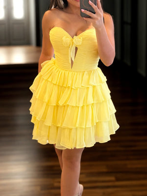 A-line Sweetheart Cascading Ruffles Short/Mini Chiffon Corset Dress