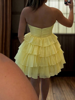 A-line Sweetheart Cascading Ruffles Short/Mini Chiffon Corset Dress