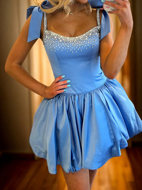 A-line Straps Rhinestone Short/Mini Satin Corset Dress