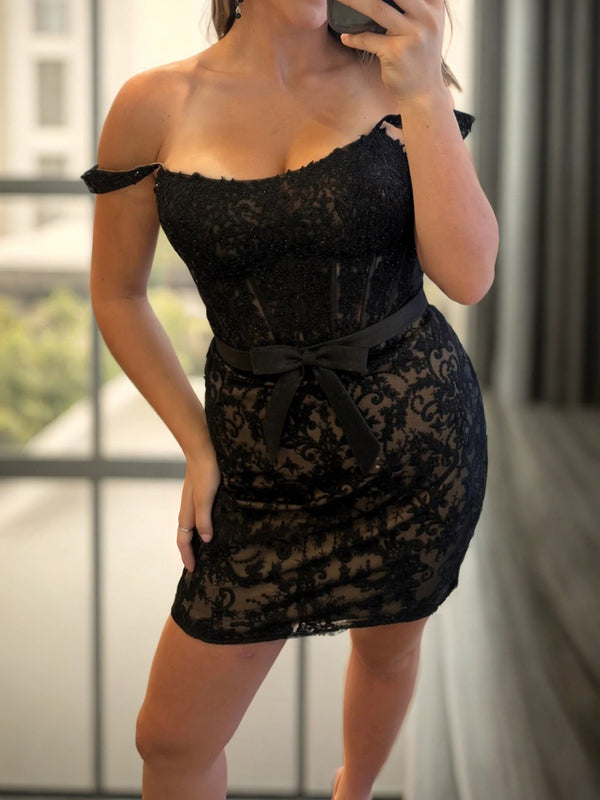 Sheath Off-the-Shoulder Bow Short/Mini Lace Corset Dress