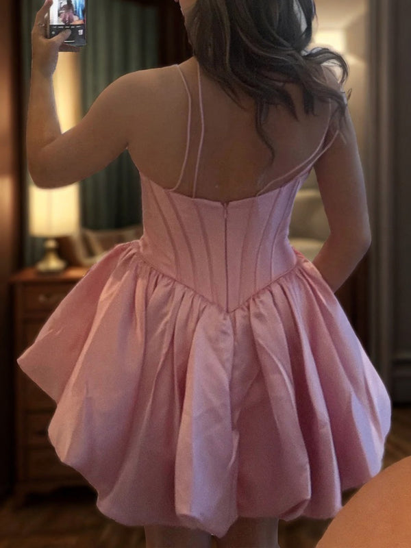 A-line Spaghetti Straps Rhinestone Short/Mini Satin Corset Dress