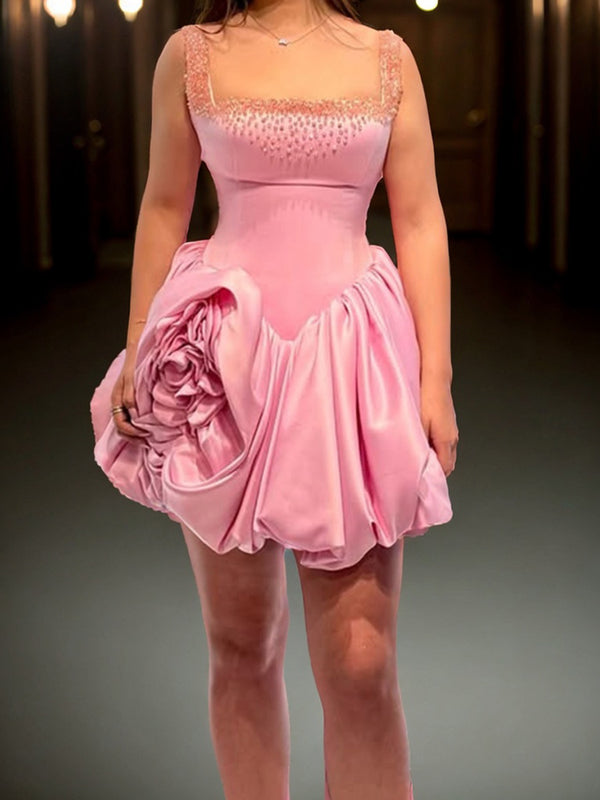 A-line Square Beading Short/Mini Silk Like Satin Corset Dress