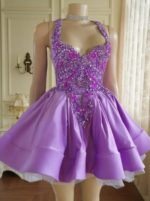 A-line Halter Beading Short/Mini Silk Like Satin Dress