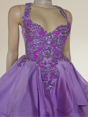 A-line Halter Beading Short/Mini Silk Like Satin Dress