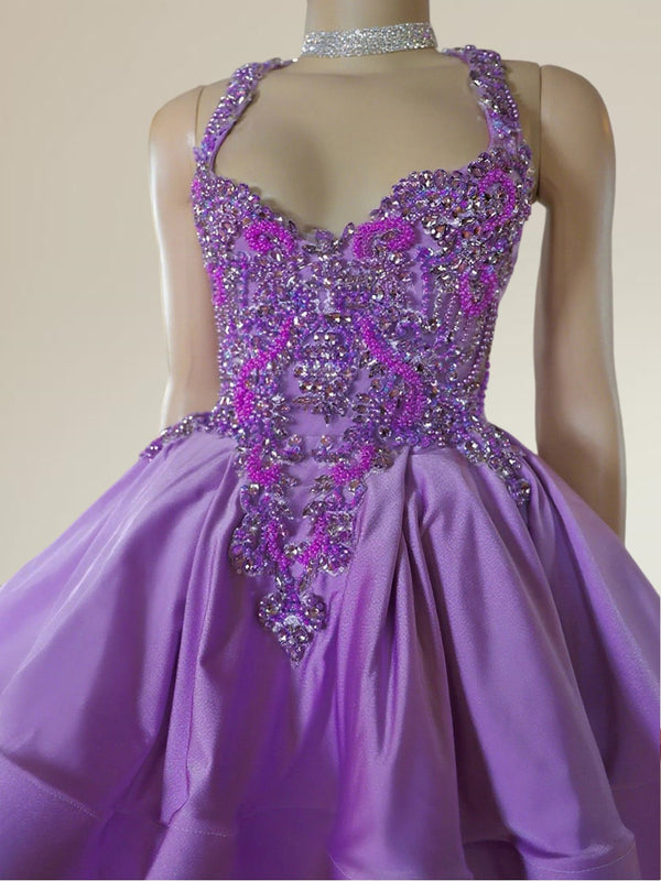 A-line Halter Beading Short/Mini Silk Like Satin Dress