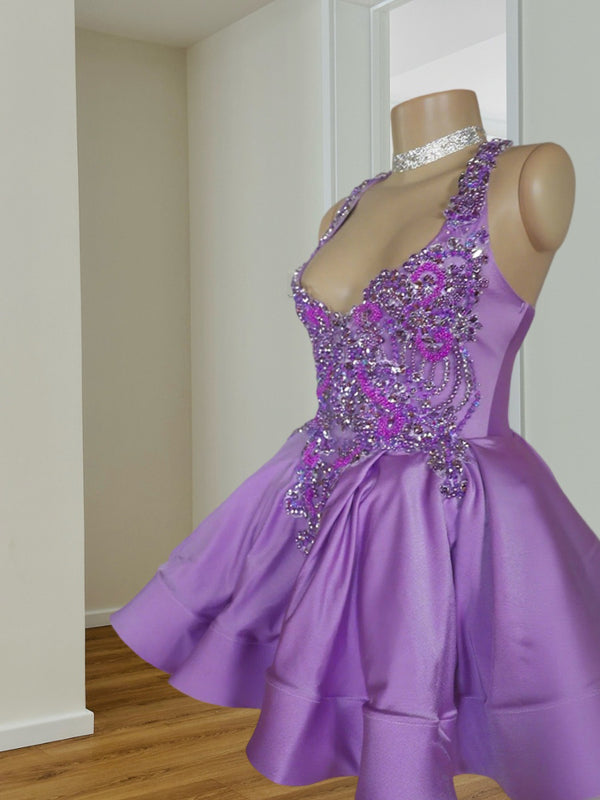 A-line Halter Beading Short/Mini Silk Like Satin Dress
