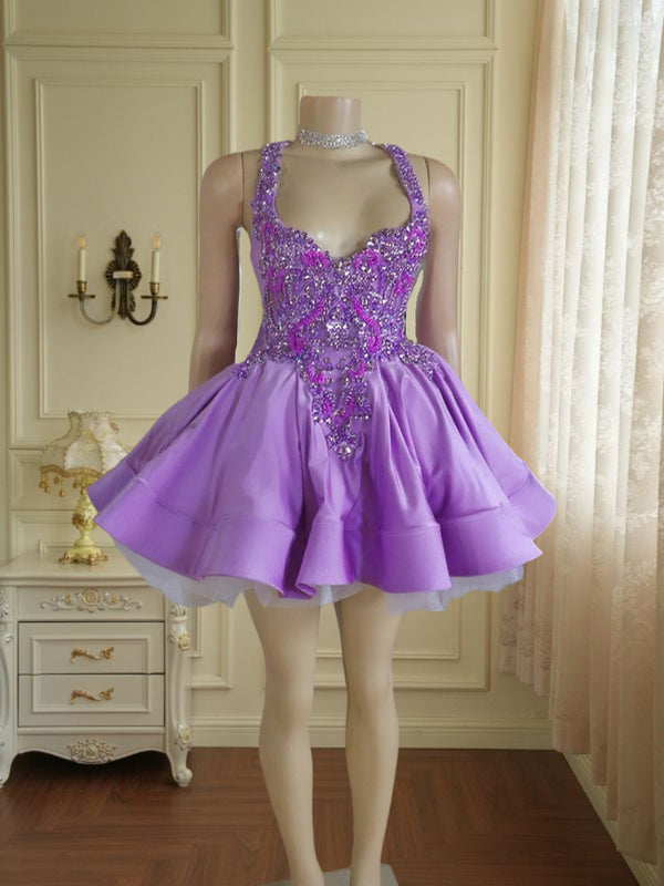 A-line Halter Beading Short/Mini Silk Like Satin Dress