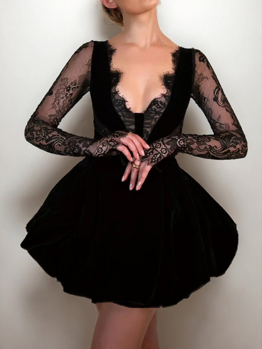 A-line V-neck Long Sleeves Appliques Lace Short/Mini Stretch Crepe Dress