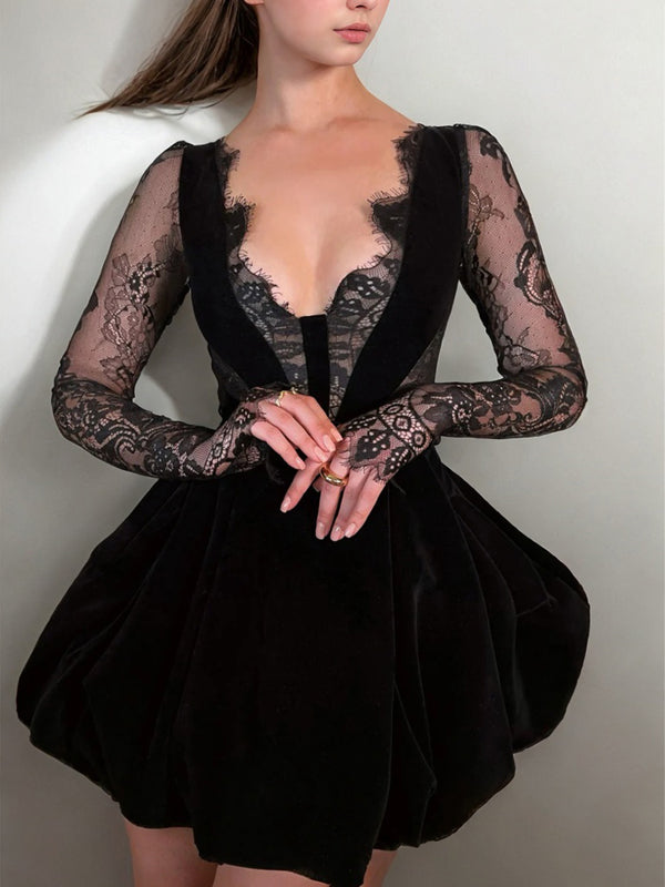 A-line V-neck Long Sleeves Appliques Lace Short/Mini Stretch Crepe Dress