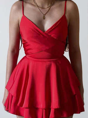 A-line V-neck Cascading Ruffles Short/Mini Silk Like Satin Corset Dress