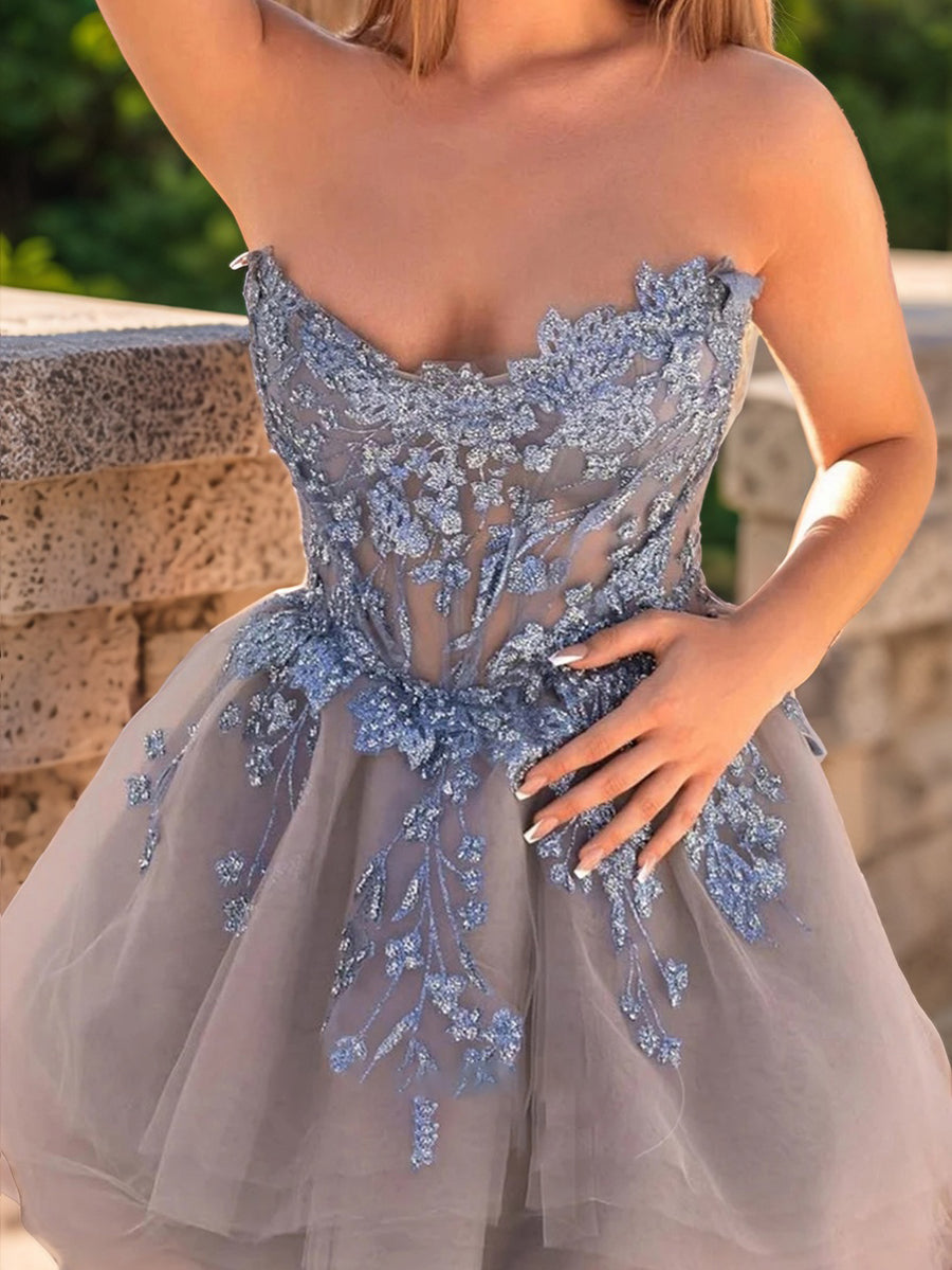 A-line Straight Appliques Lace Short/Mini Tulle Corset Dress