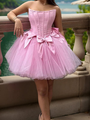 Ball-Gown Straight Bow Short/Mini Tulle Corset Dress