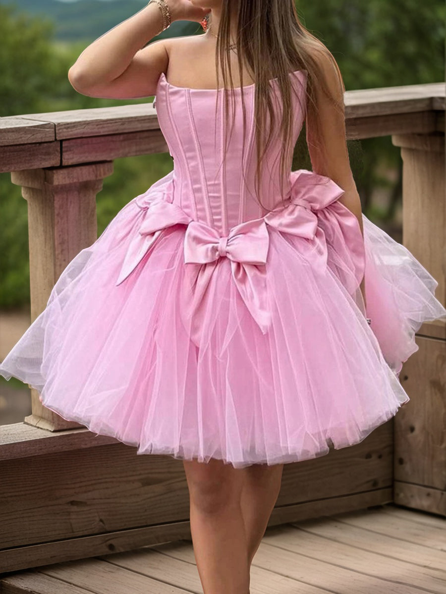 Ball-Gown Straight Bow Short/Mini Tulle Corset Dress