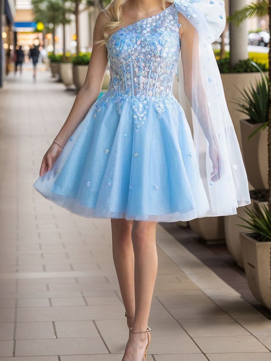 A-line One-Shoulder Appliques Lace Short/Mini Tulle Corset Dress