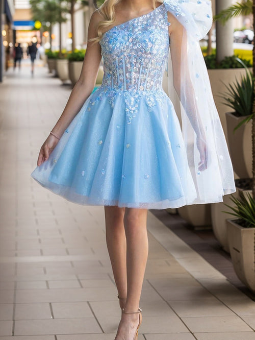 A-line One-Shoulder Appliques Lace Short/Mini Tulle Corset Dress