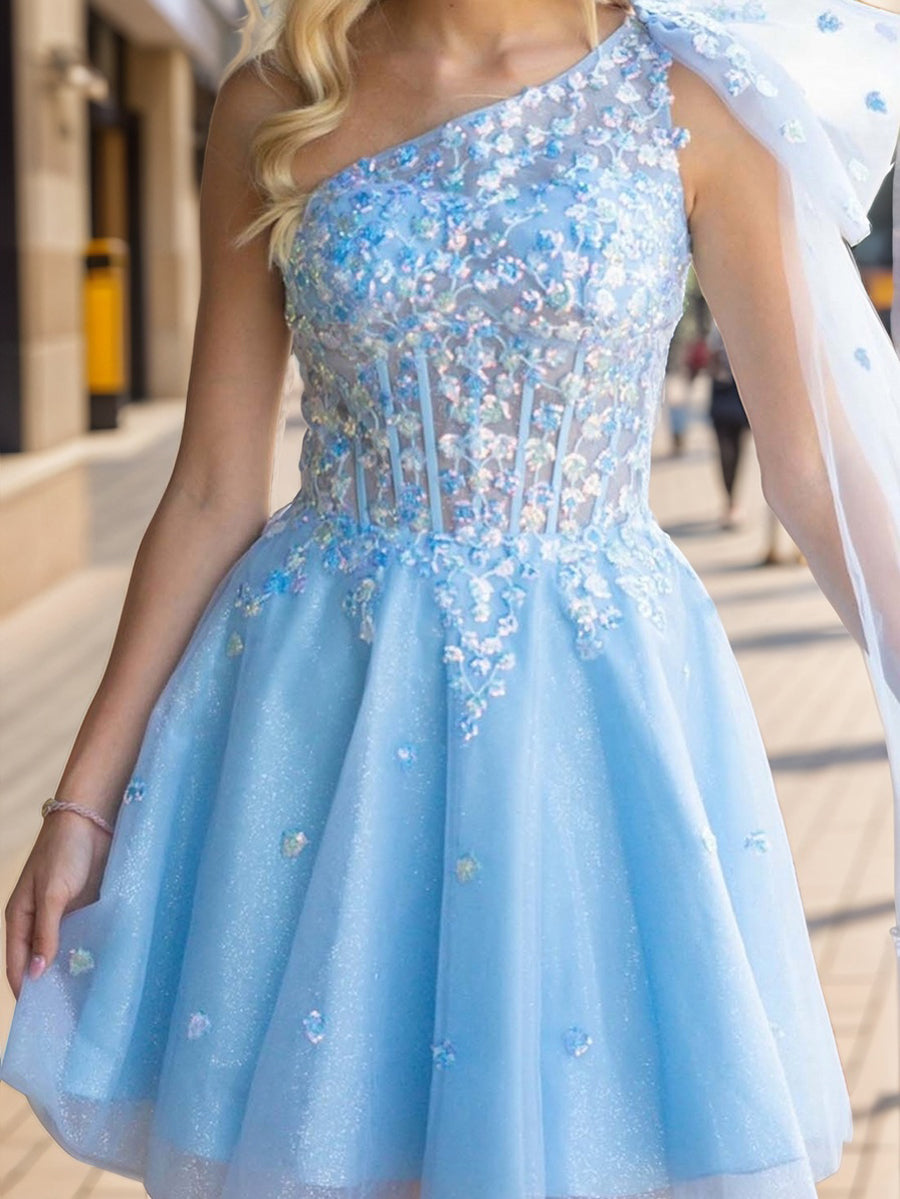 A-line One-Shoulder Appliques Lace Short/Mini Tulle Corset Dress