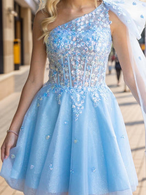 A-line One-Shoulder Appliques Lace Short/Mini Tulle Corset Dress