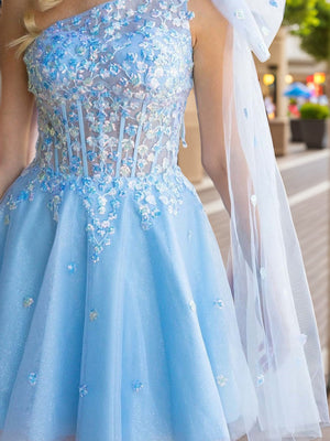 A-line One-Shoulder Appliques Lace Short/Mini Tulle Corset Dress