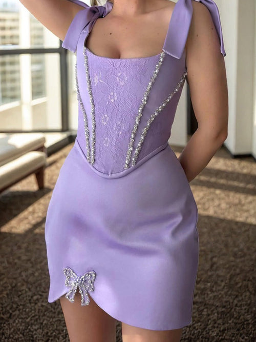 Sheath Square Bow Short/Mini Charmeuse Corset Dress