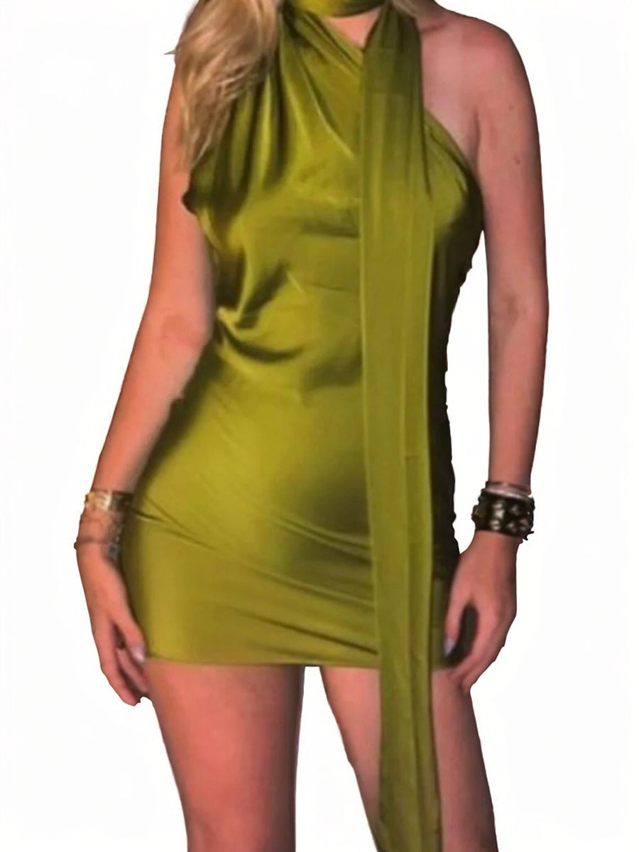 Sheath Halter Pleated Short/Mini Silk Like Satin Dress