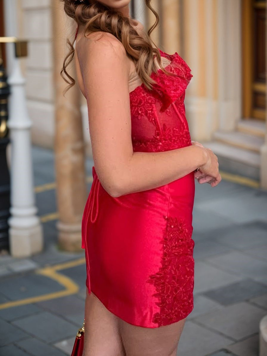 Sheath Sweetheart Appliques Lace Short/Mini Silk Like Satin Corset Dress