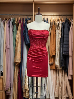 Sheath Straight Pleated Short/Mini Silk Like Satin Corset Dress