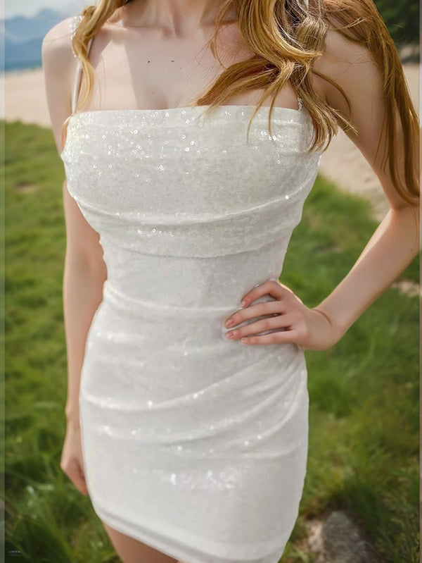 Sheath Spaghetti Straps Pleated Short/Mini Sequins Corset Dress