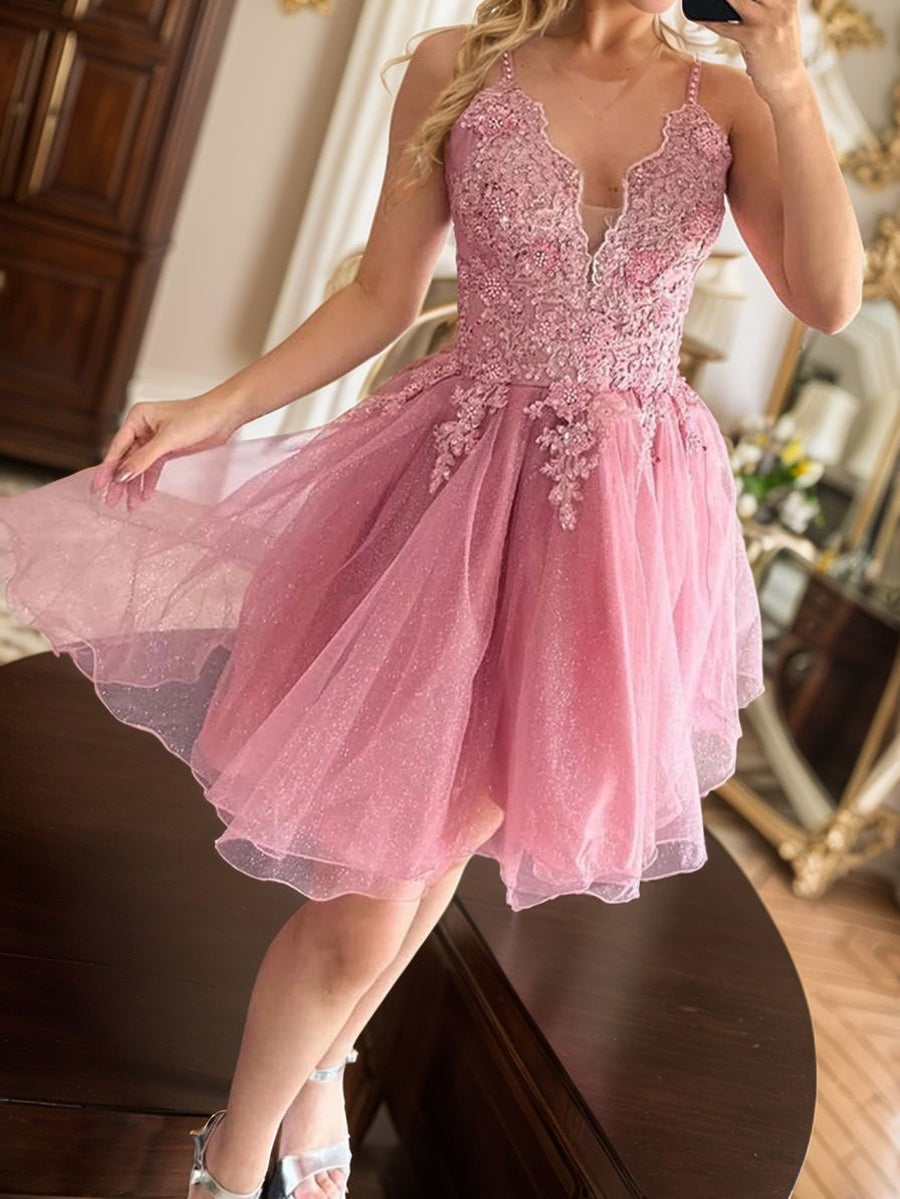 A-line V-neck Appliques Lace Short/Mini Tulle Corset Dress