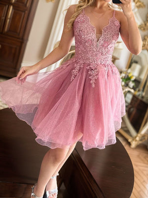 A-line V-neck Appliques Lace Short/Mini Tulle Corset Dress